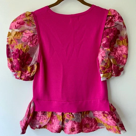 NEW Entro Hot Pink Puff Sleeve Peplum Bottom Shirt Top Sz L Sheer Floral Sleeves - Picture 5 of 5